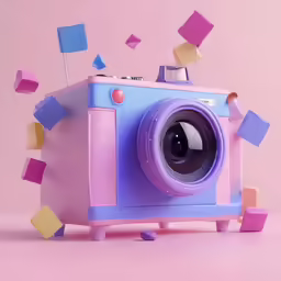 the colorful camera is surrounded by multicolored confetti