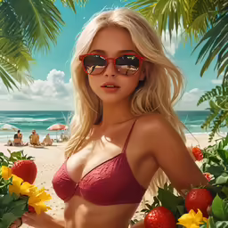 a beautiful blond in red bikini and sun glasses standing on the beach