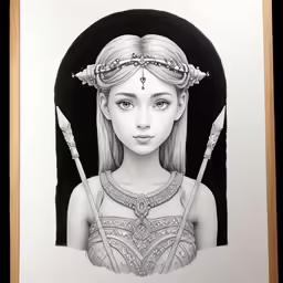 a girl wearing a head piece with arrows and pearls