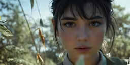 there is a woman in a forest looking into the camera