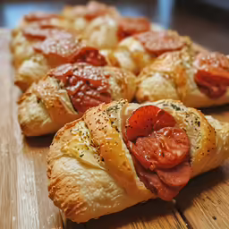 some bread with toppings on it sitting on a wooden table