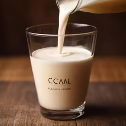 a glass filled with white liquid and some cream pouring