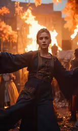 a woman in an outfit and with long sleeves standing in the middle of a fire - burning area