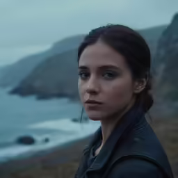 a girl posing with a stormy beach in the background