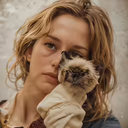 a woman holding a cat with her hand