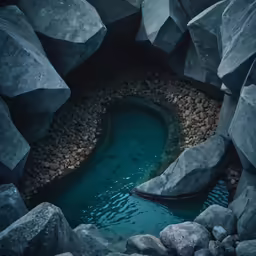 a blue pond with water in between large rocks