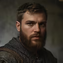 a man with a full beard looks into the camera