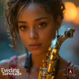 a young woman is holding a gold sculpture