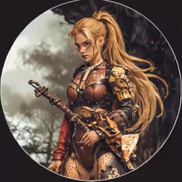 a woman wearing armor with a large sword