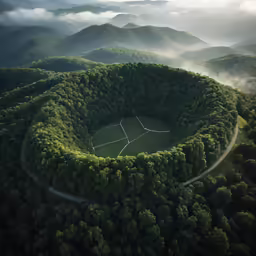 a circular structure with two planes flying over a forested area