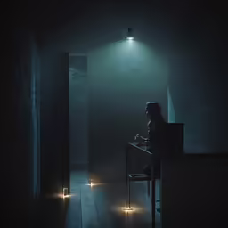 a dark room with lit candles surrounding a desk