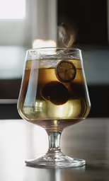 a drink with ice, water and a slice of lemon