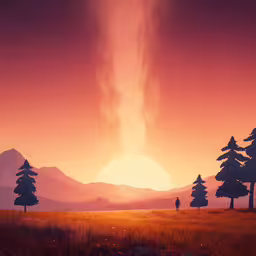 a landscape scene with pine trees at sunset,the sun setting in an open area with trees