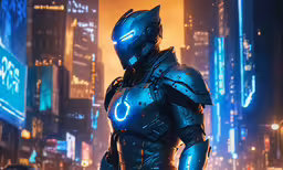 a man in a suit and helmet standing with his hands on his hips,the cyber armor man is standing in front of the city lights