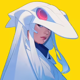 the white girl has red eyes and is wearing a white hat