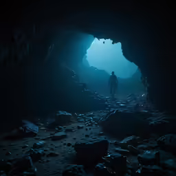 man stands in the water inside a deep cave