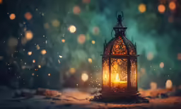 a lit lantern sits on the ground near a light