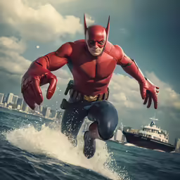 the hero running across the ocean by himself