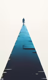 a long blue line with a person walking across it