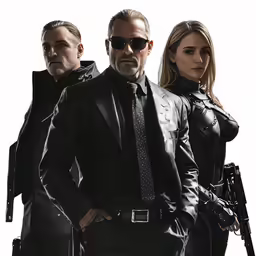 three people wearing black suits and sunglasses