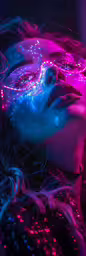 a woman wearing shiny clothes with some lights on her face,a woman