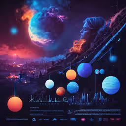 a poster with planets and a girl,an artistic artwork with planets and moon in the sky