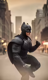 a man wearing a batman outfit in the middle of an empty street