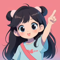 a cute girl with big eyes pointing