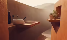 two bathroom sinks next to each other with mountains in the background