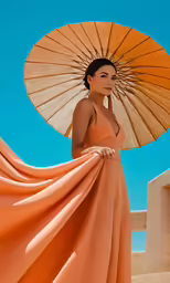 a woman standing in the sun with an umbrella