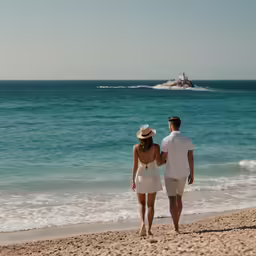 man and woman on the beach walking along the shoreline