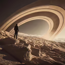 a person standing on top of a desert with rocks