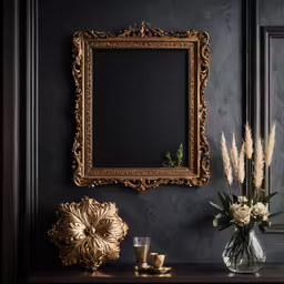 there is a mirror, vase with flowers and other decorative objects