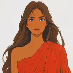 a woman in an orange dress is staring straight ahead
