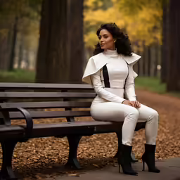 a woman is sitting on a bench posing for the camera