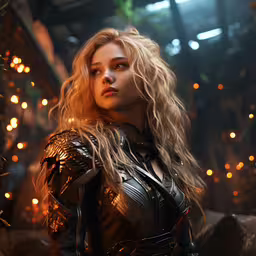a woman with blonde hair and costume in a room,a woman in an armor standing in front of lights