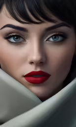 a woman with red lips and dark hair wearing red lipstick