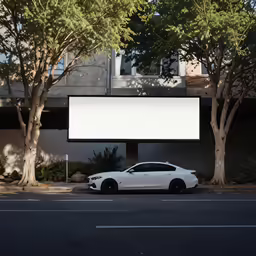 a car parked in front of a building with a large screen behind it