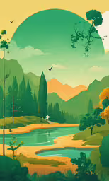 a colorful landscape with trees and water,there is a large green and yellow landscape