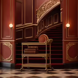 a golden cart next to some brown and white stairs