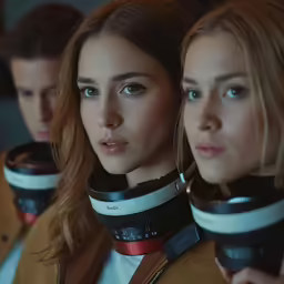 the models with their camera straps on their neck