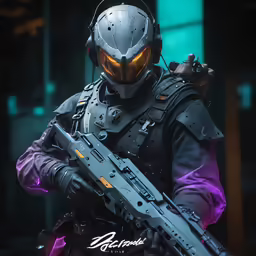 the game character is dressed in black and purple with yellow lights on his head