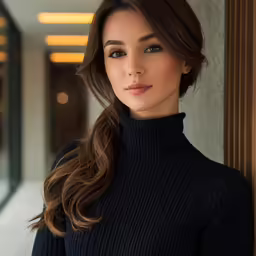 a close up of a woman wearing a black turtle neck shirt