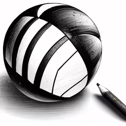 a black and white photo of a large ball and a marker
