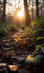a sun peeks through the trees as it shines on the ground