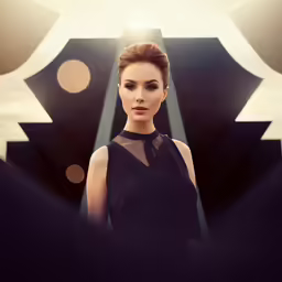 a woman wearing a black dress standing near a large structure