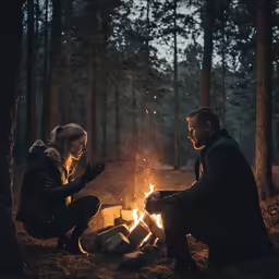 a man and woman sitting by a fire in the woods