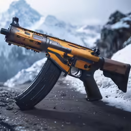 an akp rifle sitting on top of a snowy hill