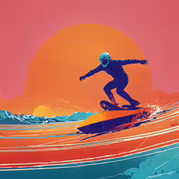 a man surfing in the ocean while sun rises,a painting of a surfer catching a wave
