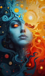 the face of a woman with orange eyes and curly hair, surrounded by bubbles